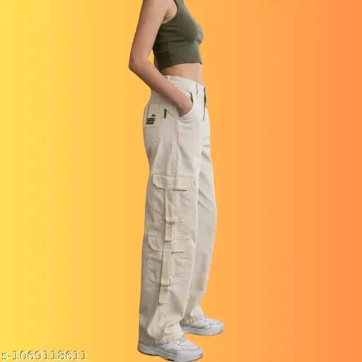 Women Eight Pocket Cream Cargo Pants | Trendy Streetwear Cargo Pant - Image 1